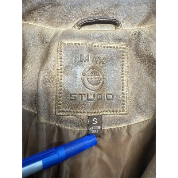 Max Studio Faux Leather Jacket Women's Size Small Brown Moto Zip Front Pocket's - Picture 3 of 6